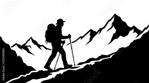 Silhouette of a hiker with backpack trekking through high mountain peaks