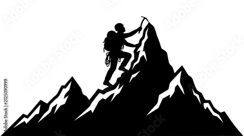 Silhouette of a mountain climber scaling a steep peak with an ice axe