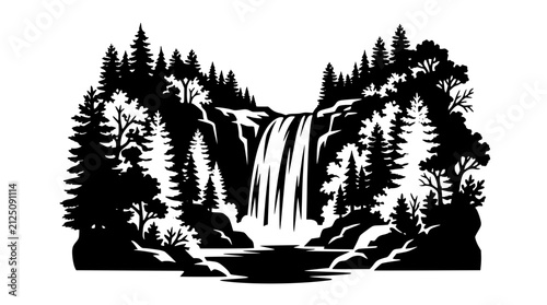 Waterfall Forest Nature Scene Vector Stencil Illustration