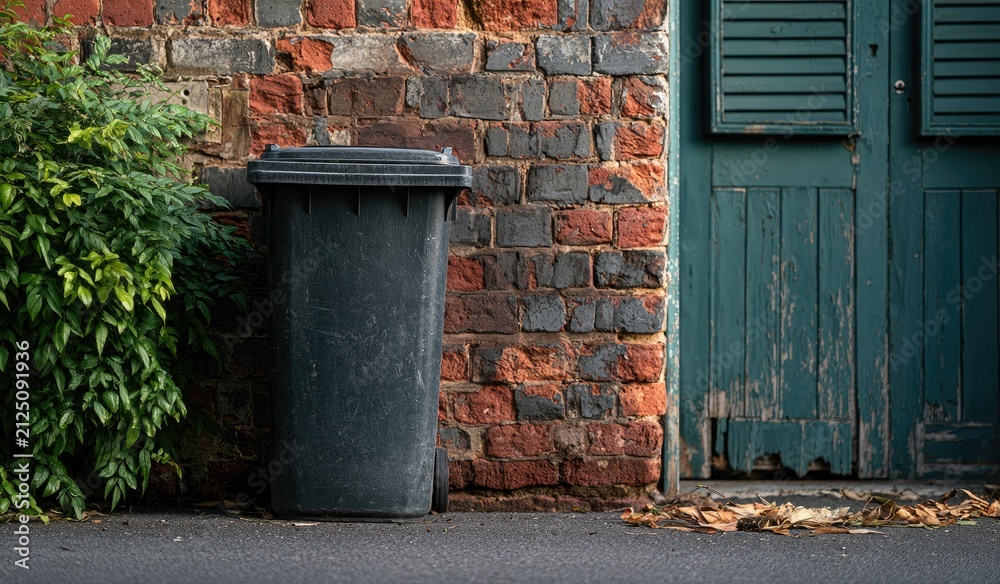 Obraz premium Dark bin by weathered brick wall, green door, and foliage