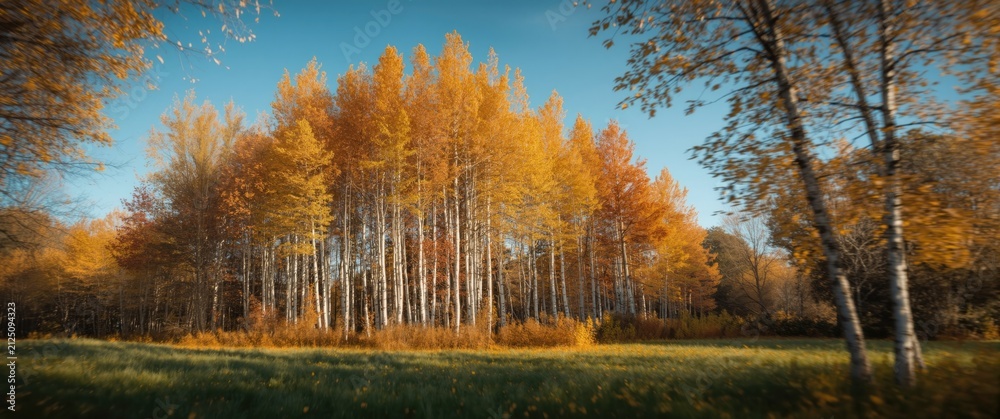 Obraz premium Autumn Forest Landscape with Vibrant Orange Leaves and Clear Blue Sky