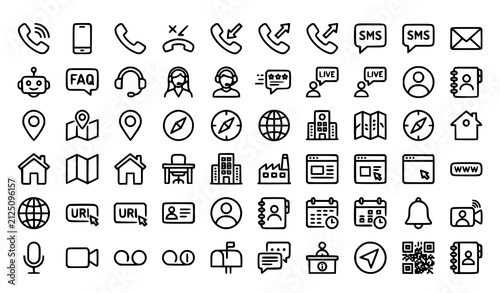 Modern Contact and Communication Line Icons Set with Phone Chat Support and Location Editable Stroke Vector
