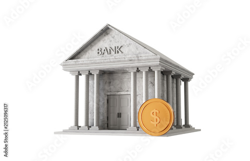 Bank building with golden coin isolated on white background. Money savings concept