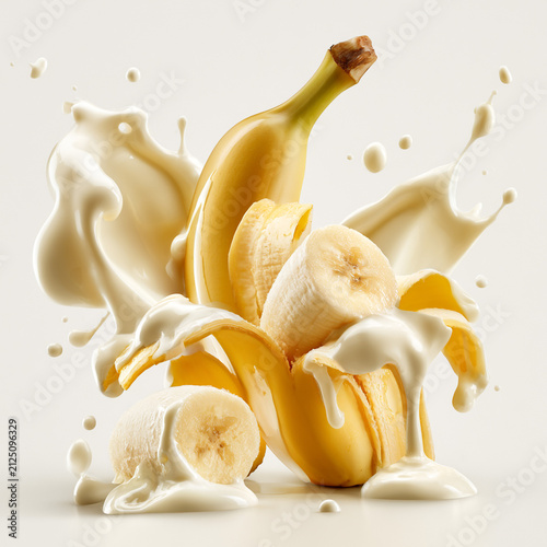 A whole peeled banana surrounded by slices, coated in glossy, dripping white cream; a hyper-realistic, artfully composed studio illustration in the style of magazine food photography, isolated on a wh