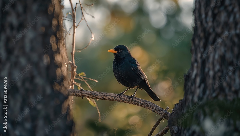 Obraz premium Blackbird Perched on a Branch in Soft Morning Light