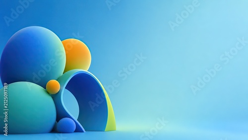 Abstract 3D spheres and shapes. Modern geometric background with soft blue lighting.
