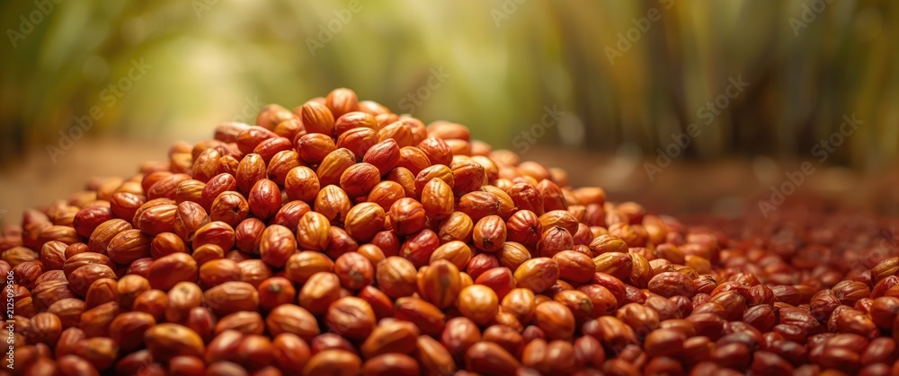Obraz premium Piled Hazelnuts in Soft Natural Light with Blurred Green Background