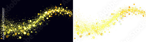 Golden sparkling particle effects stream. Shining yellow bokeh lights and glitter. Magical dust and shining stars decorative element on black and white background.