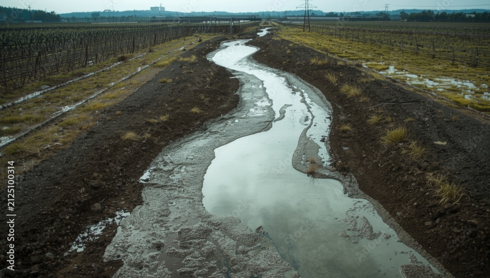 Fototapeta premium Meandering Stream Surrounded by Vineyards Under Overcast Sky