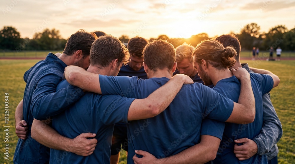 Fototapeta premium Male sports team huddling together with arms around shoulders on field at sunset.