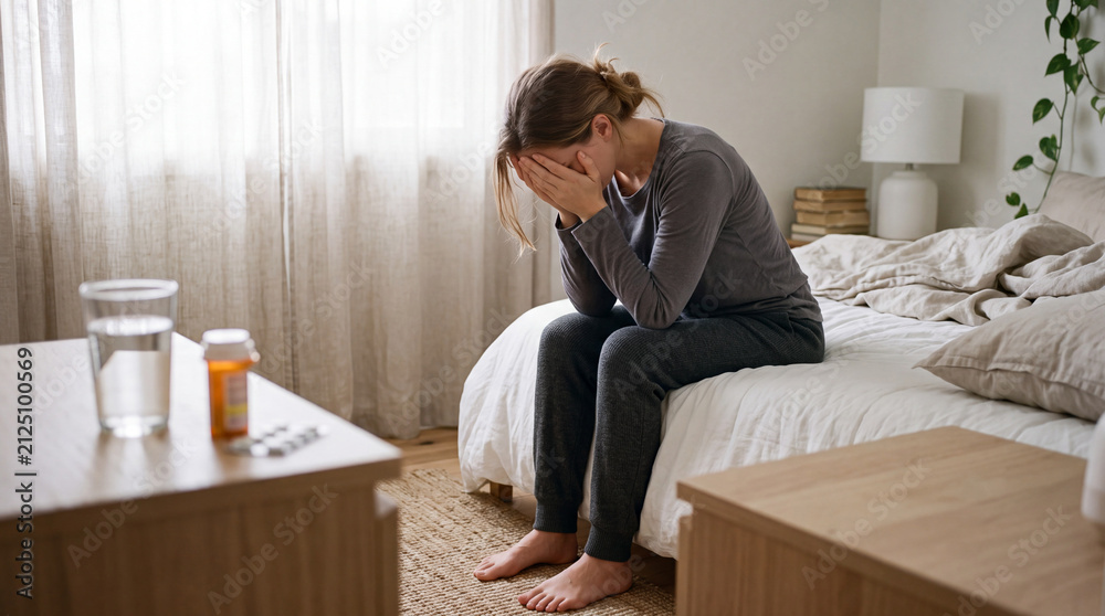 Fototapeta premium Depressed woman sitting on edge of bed covering her face near pills and glass of water.