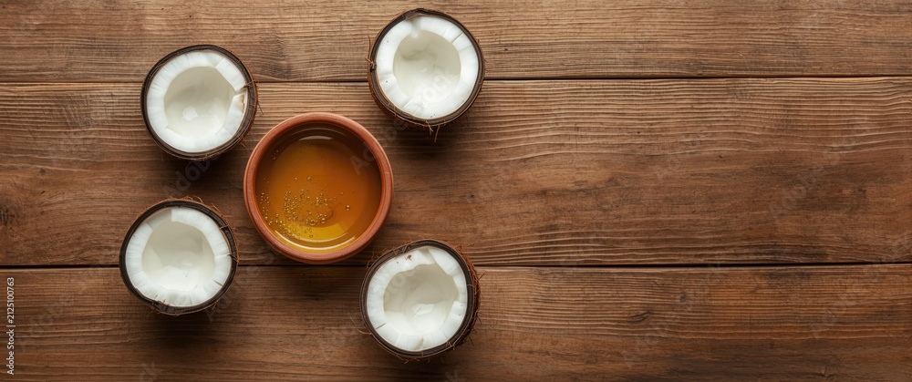 Fototapeta premium Coconut Bowls and Honey on Rustic Wooden Table with Natural Textures