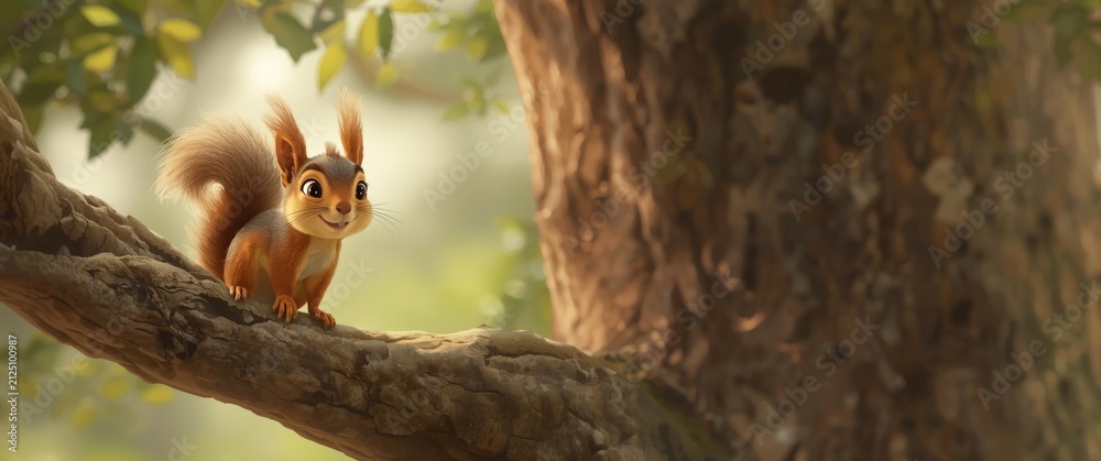 Obraz premium Cute Squirrel Standing on a Tree Branch in Soft Natural Light