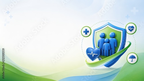 Family health insurance concept. Medical protection shield with people and heart icons.