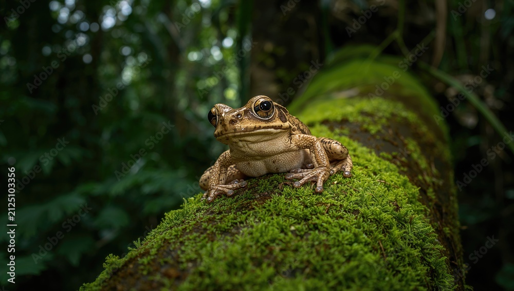 Obraz premium Frog Sitting on a Mossy Log in a Lush Rainforest Environment