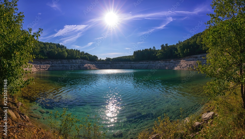 Fototapeta premium Mountain Lake Surrounded by Lush Greenery Under Bright Sunlight