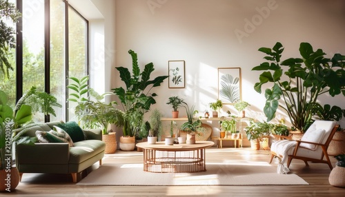 bright and airy living room with natural light and lush green plants