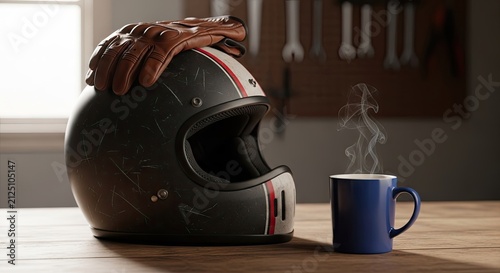 Motorcycle helmet and leather gloves on wooden workshop table.