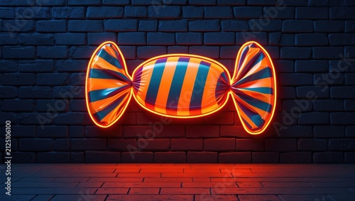 Neon Candy Wrapper with Striped Design on Dark Brick Background