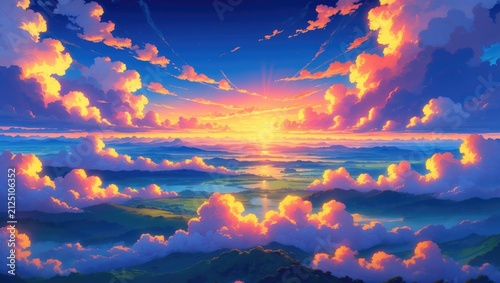 Dramatic Sunrise over a Lush Landscape with Colorful Clouds