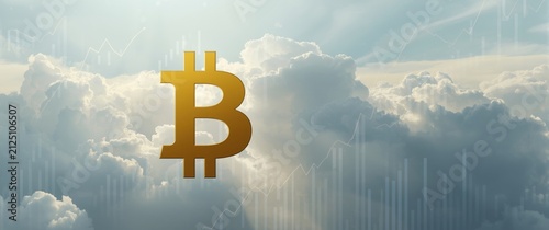 Bitcoin Symbol Floating Among Bright Clouds with Financial Graphs