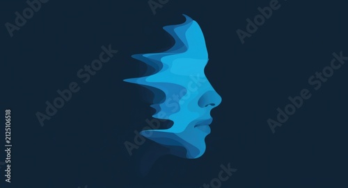 Abstract Profile Silhouette in Blue Waves on Dark Background