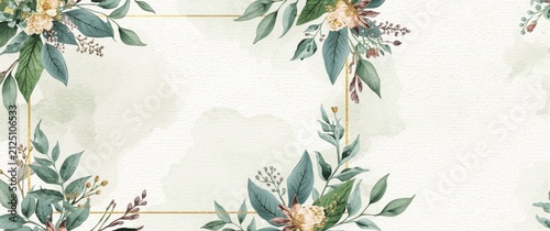 Floral Border Design with Green Leaves and Gold Frame on Soft Watercolor Background