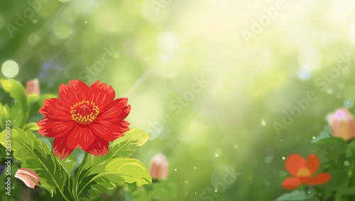 Red Flower Blooming Among Green Foliage with Soft Light Background