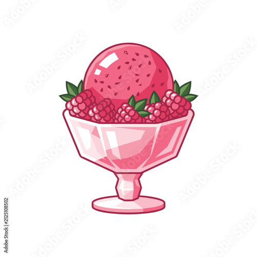 Raspberry Ice Cream in Glass Bowl Illustration