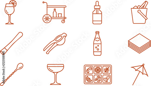 Cocktail icons collection featuring bar equipment and drink accessories for menu design isolated on a white background.