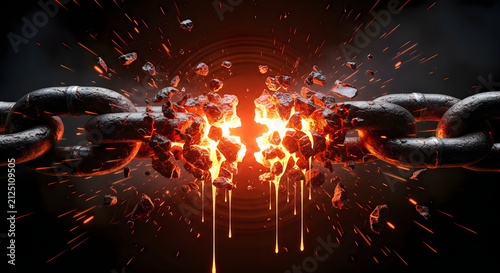 Explosion with fiery energy and sparks in dark space