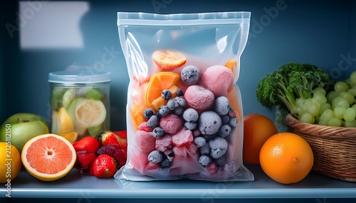 frozen bag of fruit blend placed on a freezer shelf smoothie ready fruits healthy frozen options