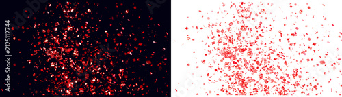 Scattered red glitter texture on white and black backgrounds. 4 distinct styles with copy space. Shiny festive particles for isolated design.