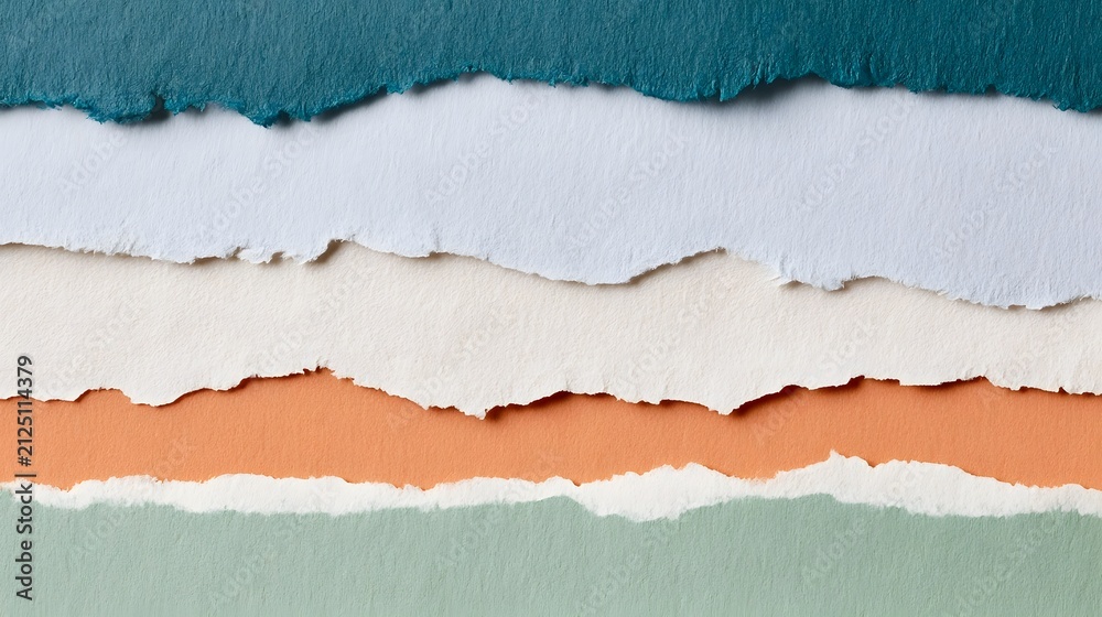 Fototapeta premium Torn paper layers in teal white cream orange and mint green arranged horizontally for textured background design
