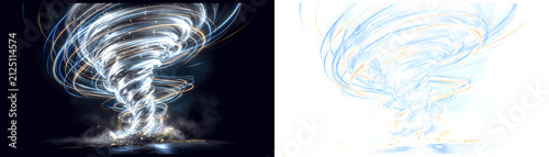 Light painting tornado set. Magical dust swirls in spirals. Glowing energy vortex with copy space. Ethereal smoke trail composition. Creative abstract weather storm