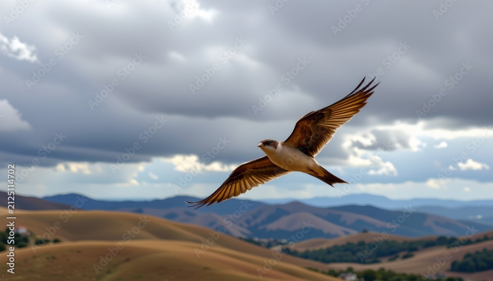 Fototapeta premium A bird is captured mid flight against a backdrop of rolling hills and a cloudy sky. Its wings are fully extended, showcasing the detailed feathers as it soars above the landscape