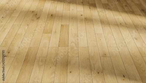 Фотография Light beige wood floor perspective background with narrow staggered planks