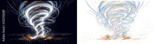 Abstract light painting tornado, long exposure cyclone swirl on black, dynamic energy vortex with blue white and golden lines, motion blur weather