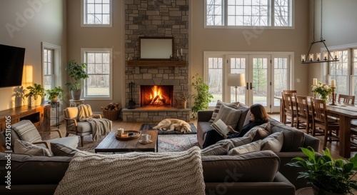Cozy living room interior with lit stone fireplace.