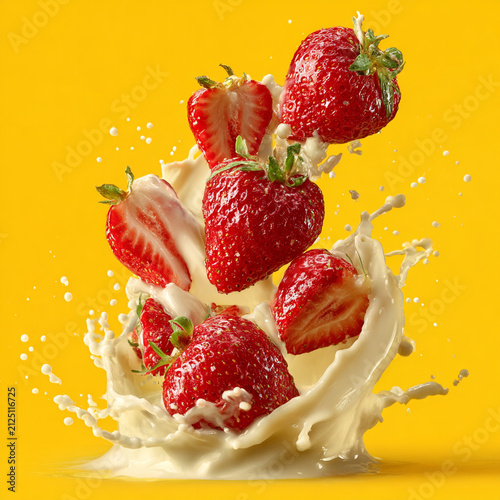 An illustration showing several strawberries—some sliced, some whole—falling into a small pool of white cream and creating a splash. The berries are coated in cream. The subject is isolated against a 