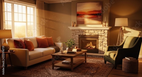 Cozy living room with lit fireplace and warm lighting
