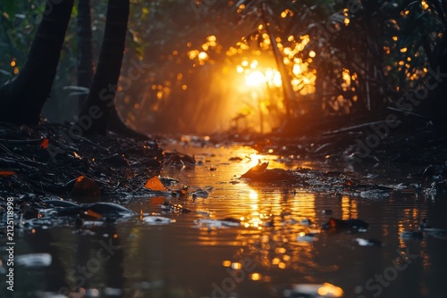 Sunlight streams through forest trees onto a reflective water path