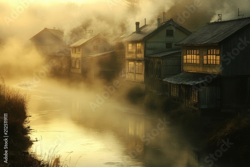 Smoky River with Foggy Morning Light and Industrial Buildings