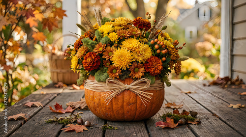 Beautiful autumn pumpkin flower arrangement on a rustic wooden porch