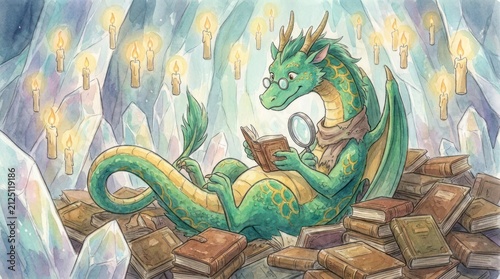 Green dragon reading books in a crystal cave.