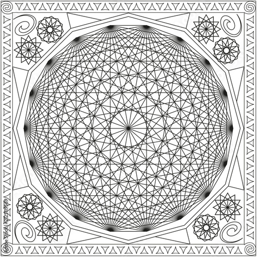 Page Coloriage pour Adultes Livre Design Motif Polygone Sphère Symbole Etoile Cosmos Vecteur Illustration