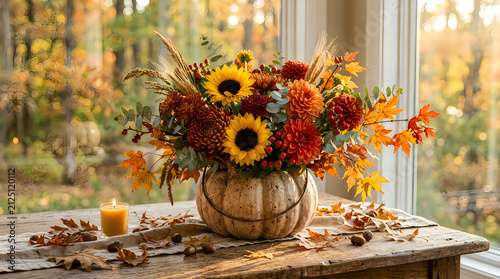 Autumn floral arrangement in a pumpkin vase on wooden table