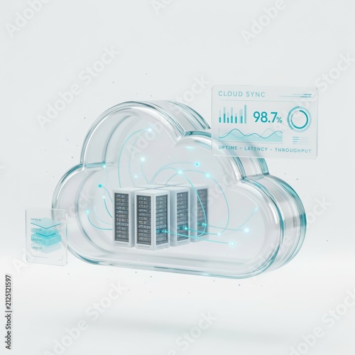 Plakat Cloud computing server infrastructure. Digital data storage concept with analytics dashboard.