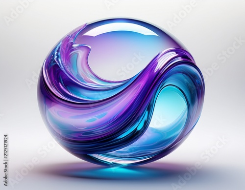 abstract glass sphere creating a vibrant blue and purple flowing wave pattern white background