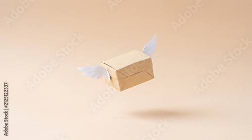 Whimsical flying cardboard box with paper wings on a soft pastel background in mid-air